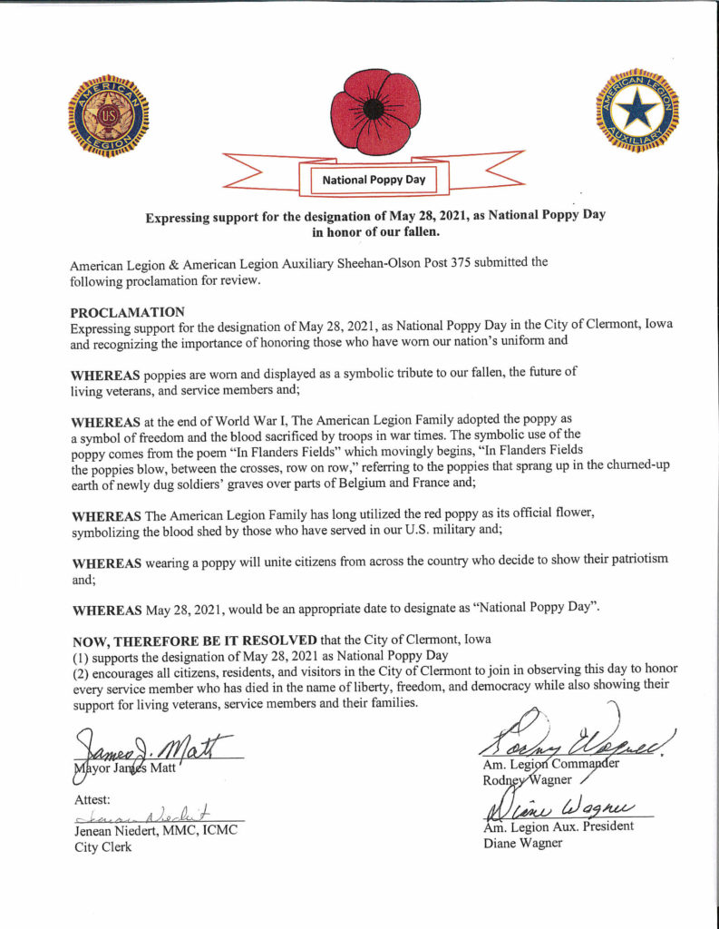 National Poppy Day Proclamation City of Clermont Iowa